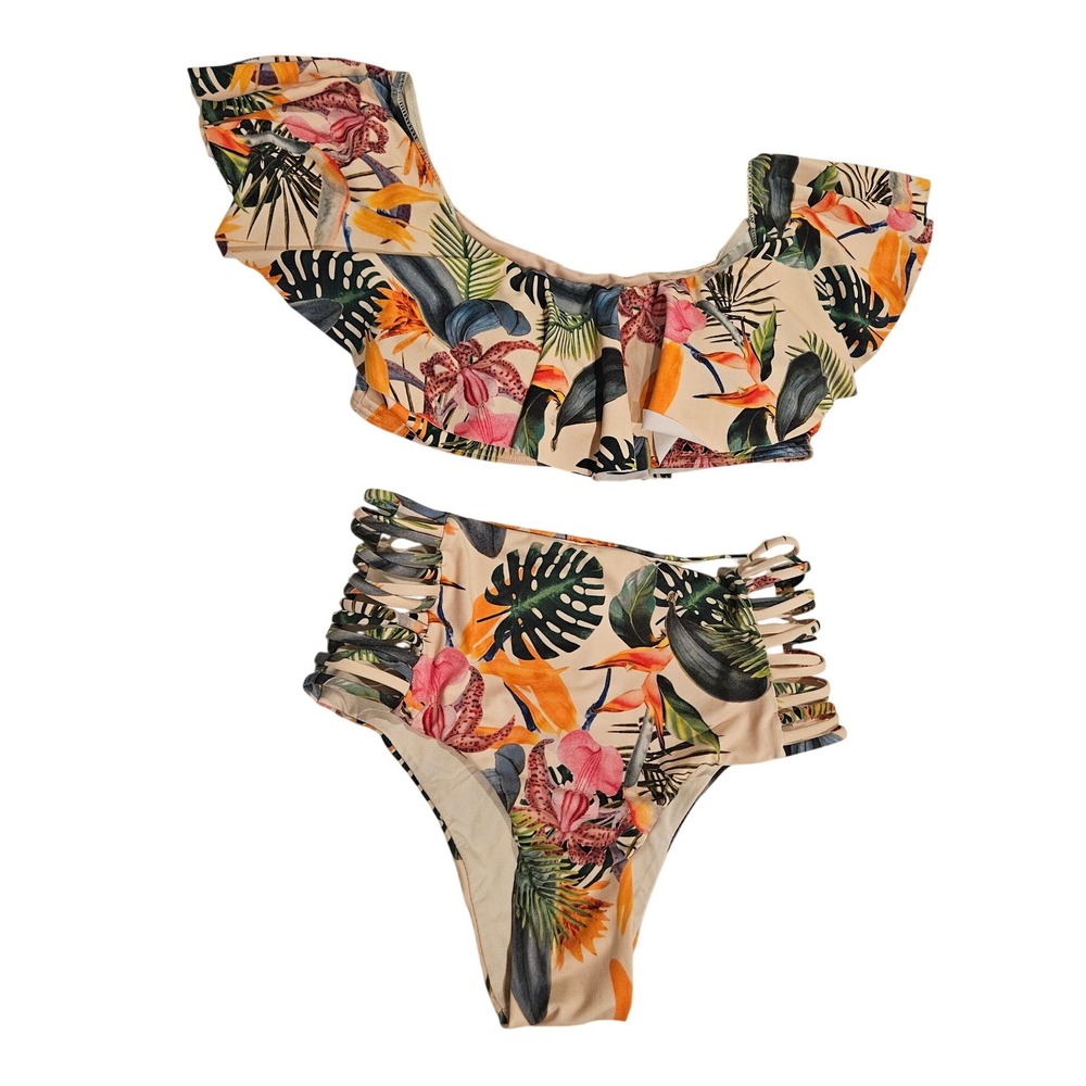 Envya Tropical Bikini Flounce Top High Waist Caged Side Floral Two-piece Small